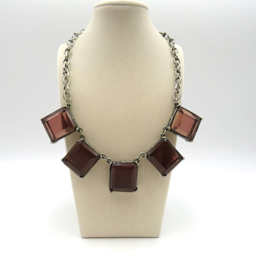 Vintage Statement Necklace Chunky Silver Tone Chain Brown Lucite Square‎ Panels